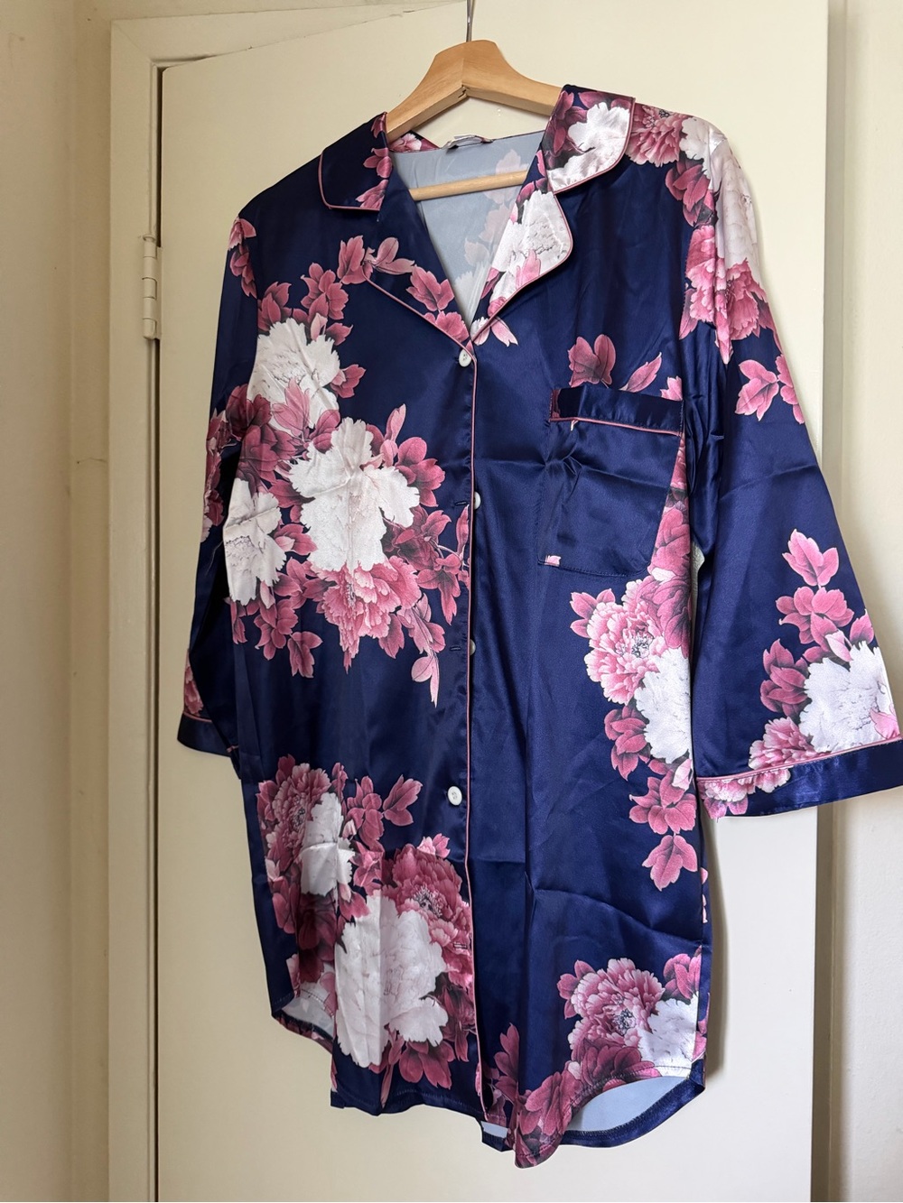 Navy Satin Floral Button-Front Blouse